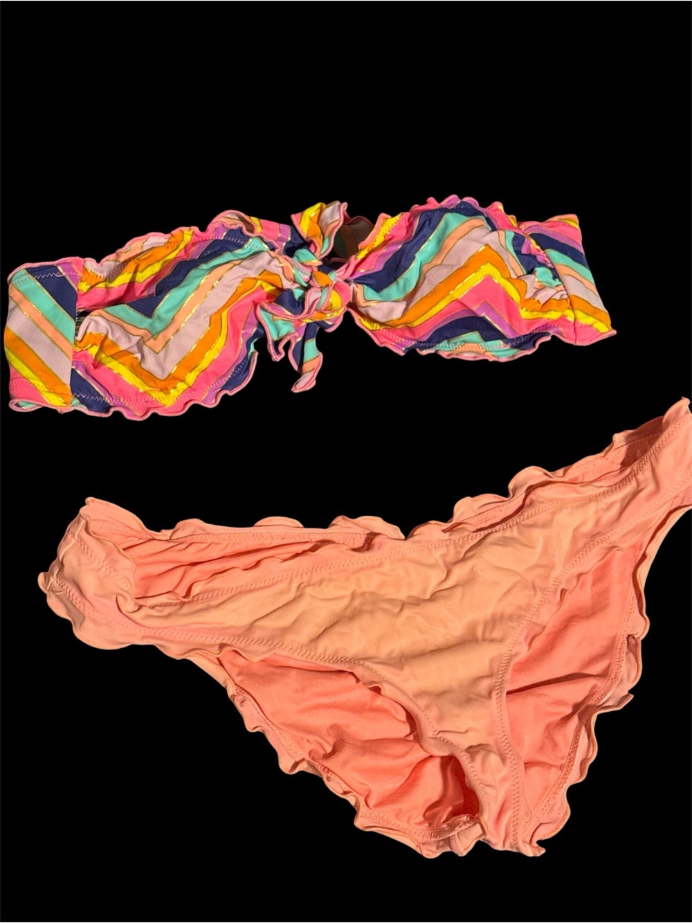 Colorful Striped Victorias secret Bandeau Bikini Top with Peach Ruffled Bottom